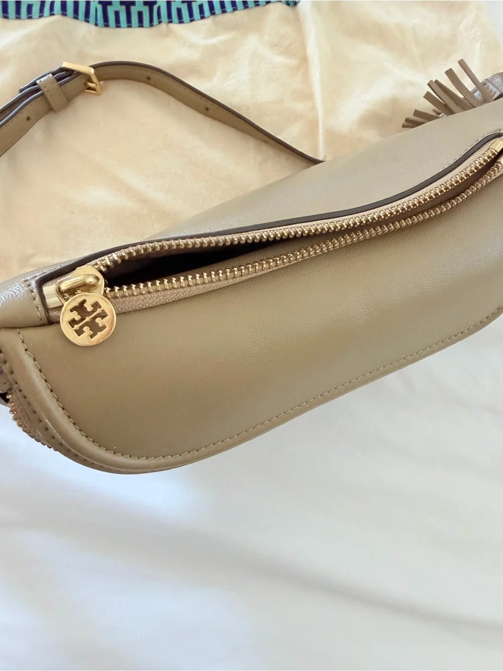 Tory Burch Quilted Fleming Tan Belt Bag with Tassel